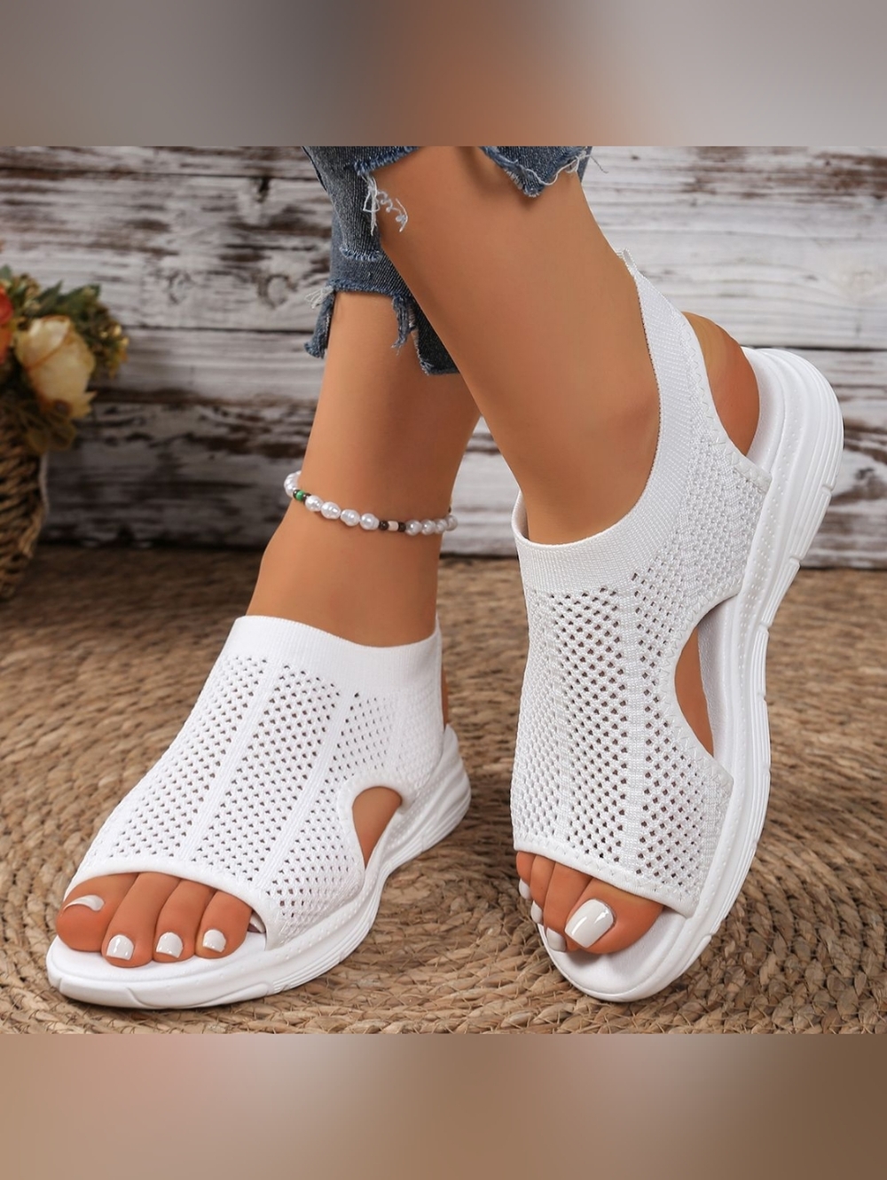 White Knit Open-Toe Slingback Women’s Sandals